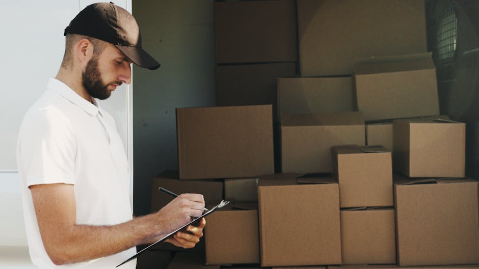 A male removal specialist from Man with Van Isleworth, dressed in a white polo shirt and a brown cap, stands inside a property next to a collection of packed cardboard boxes stacked on top of each other, ready for a home relocation. He is holding a clipboard and pen, inspecting or documenting the items as part of the packing and moving process. The boxes vary in size, some with visible flaps closed, and are situated on the floor and against a dark wall. The setting appears to be an indoor area, possibly an entrance or hallway, with natural light illuminating the scene. The careful packing materials and organized arrangement reflect careful furniture transport and removal logistics typical of professional house removal services. Occasionally, [COMPANY_NAME] undertakes the loading and planning stages of furniture and appliance transport, ensuring a smooth relocation process, as described in the page about hidden fees for Isleworth removals quoting.